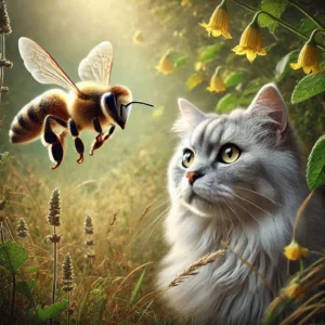 Dall·e 2025 02 09 18.57.32 una imagen ultra realista que parece una fotografia tomada en el campo mostrando un gato y una abeja juntos. el gato tiene pelaje suave y esponjoso 